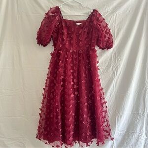 Flying Tomato Red Dress with Butterfly Appliqué